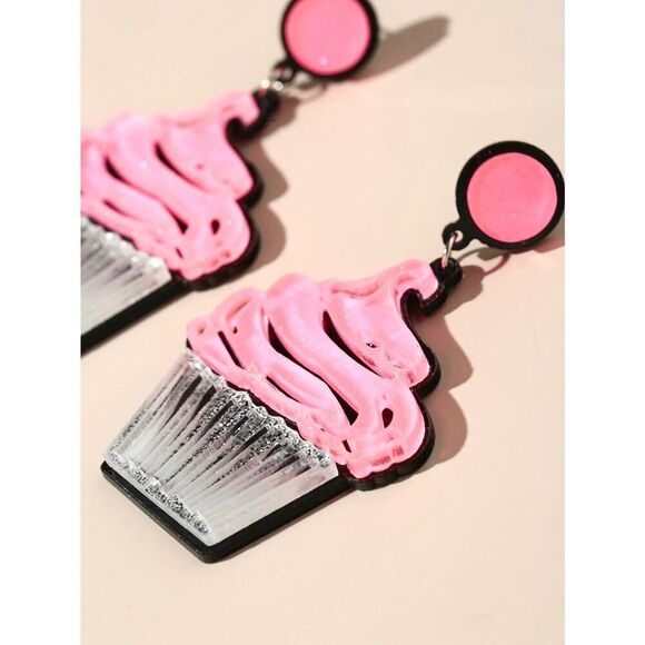 Pink Glitter Cupcake Acrylic Birthday‎ Earrings - Picture 3 of 7